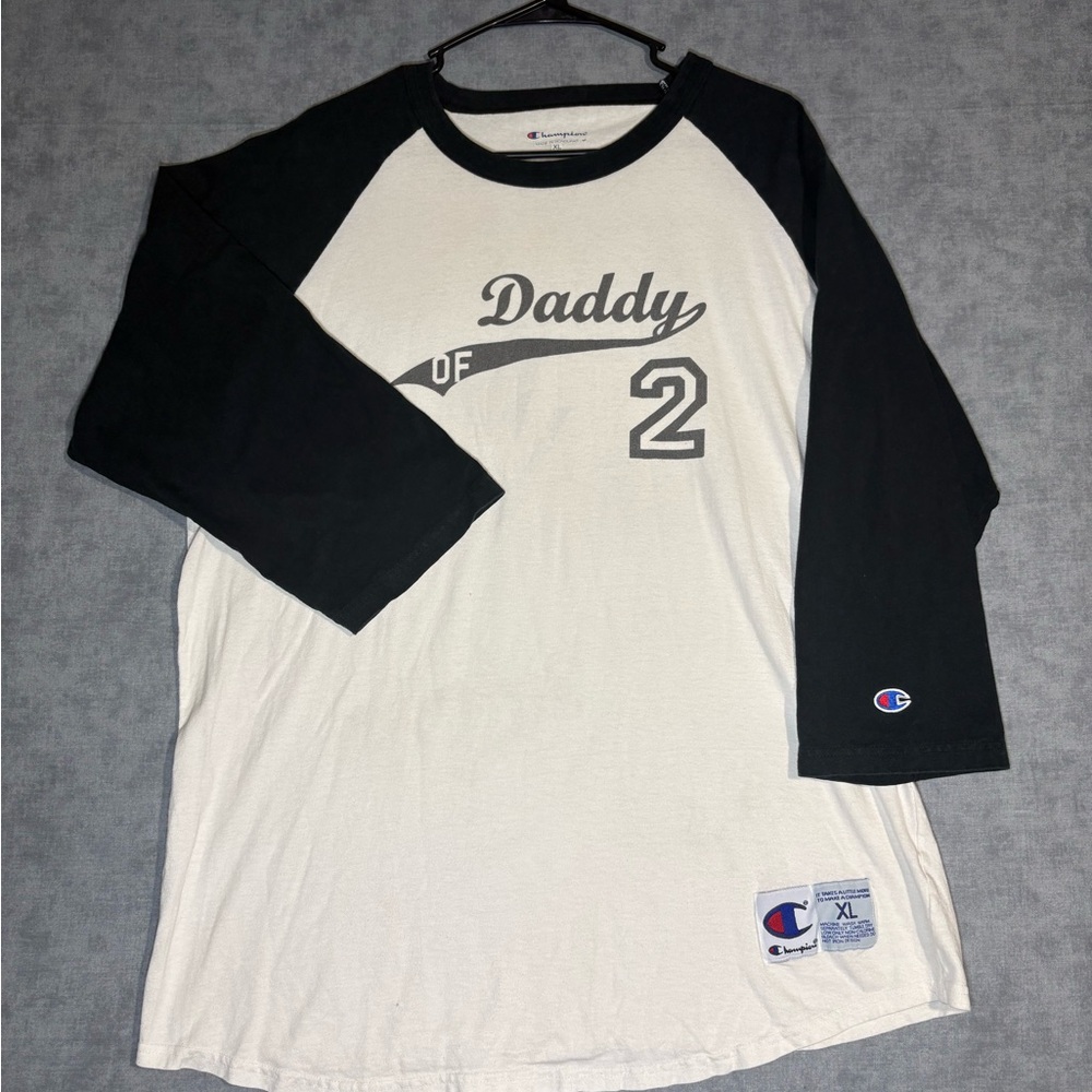 Vintage Champion Daddy Of 2 Raglan Shirt XL Black White Baseball Tee USA Style